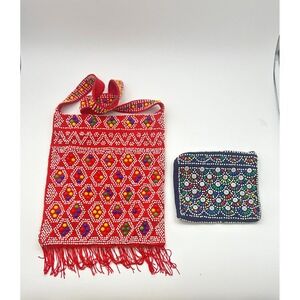 Vintage Candy Dot Beaded Purse Wallet Red Fringe 60s 70s‎ Hippie Retro Bag Set